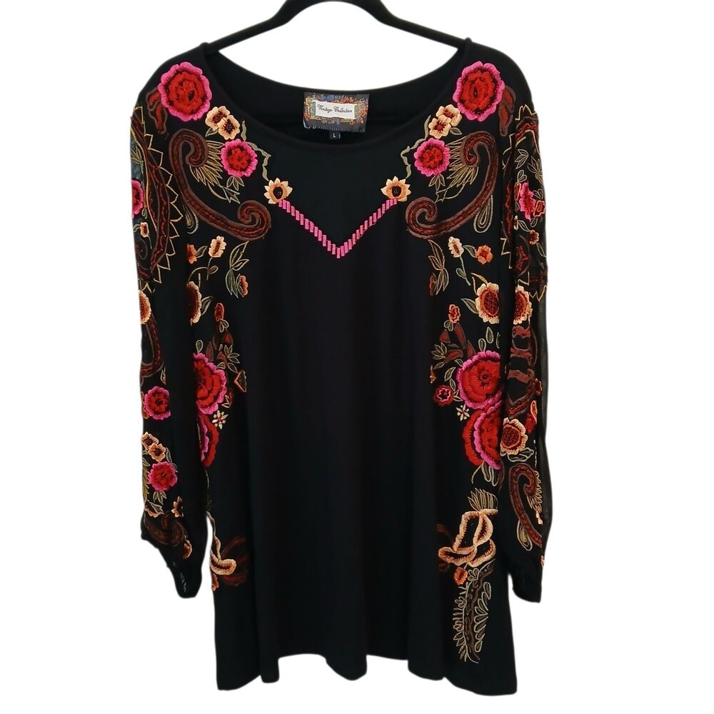 Vintage Collection Embroidered Tunic Top Blouse Black Sheer Sleeves Size  Large